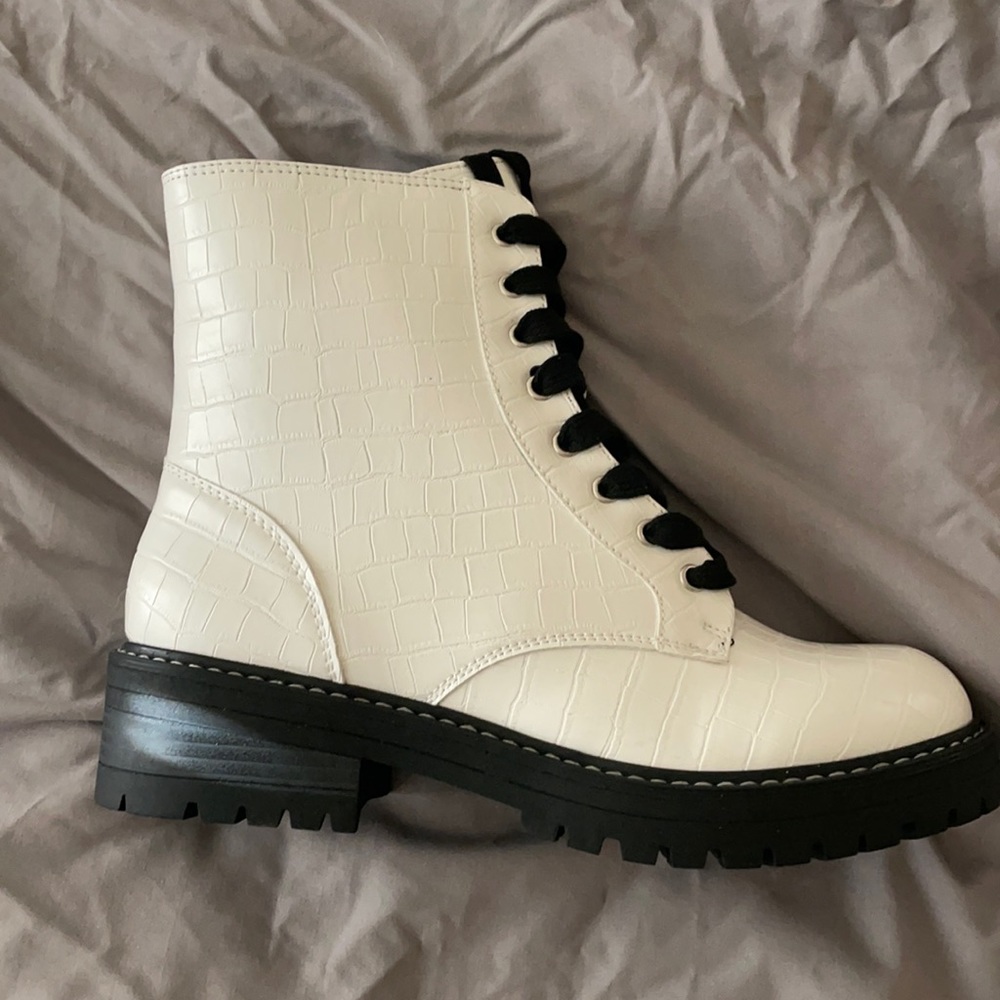 White Faux Croc Combat Boots